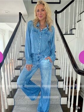 Stretchy Denim Jammies Shirt & Wide Leg Jean Set-Light Blue. NWOT